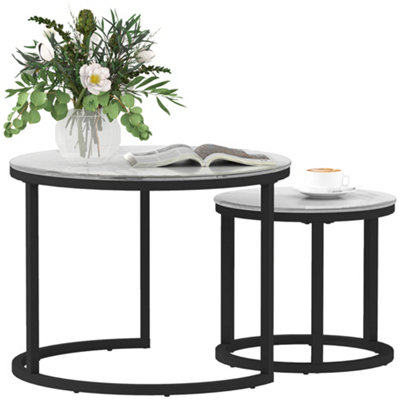 HOMCOM Glass Coffee Table Set of 2, Round Nest of Tables, White