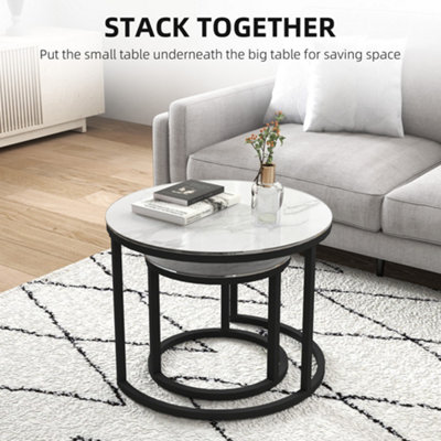 HOMCOM Glass Coffee Table Set of 2, Round Nest of Tables, White