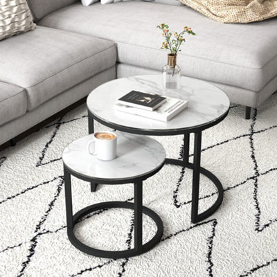 HOMCOM Glass Coffee Table Set of 2, Round Nest of Tables, White