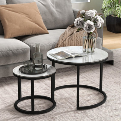 HOMCOM Glass Coffee Table Set of 2, Round Nest of Tables, White