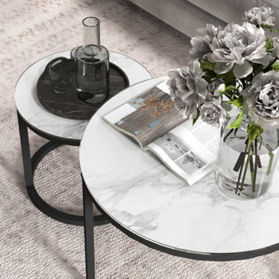 HOMCOM Glass Coffee Table Set of 2, Round Nest of Tables, White