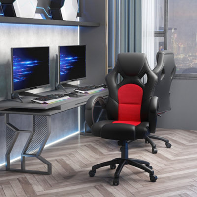 HOMCOM High-Back Gaming Chair Swivel Home Office Computer Racing Gamer Desk Faux Leather, Black Red