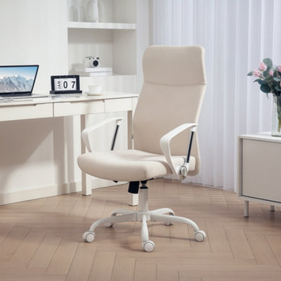 HOMCOM High Back Cream White Office Chair – Swivel Computer Desk Chair With Wheels, Fabric Seat, 120kg Capacity (UK921-842V70CW0342)