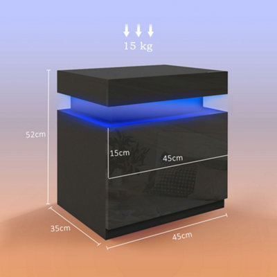 HOMCOM High Gloss Bedside Table with LED Light and 2 Drawers, Black
