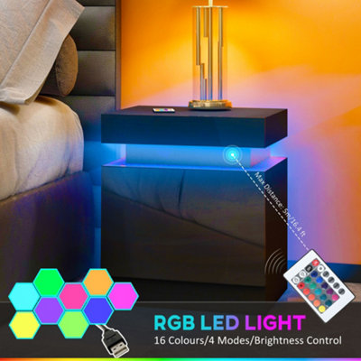 HOMCOM High Gloss Bedside Table with LED Light and 2 Drawers, Black