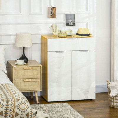 HOMCOM High Gloss Storage Cabinet w/ Drawer Double Door Cupboard White Natural