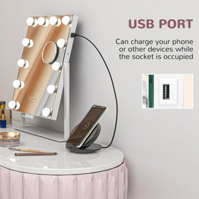 Miroir Maquillage Hollywood LED 14 Lampes – Grossissant 10X – Rotation 360° – USB & Support Téléphone – 63x50 Cm