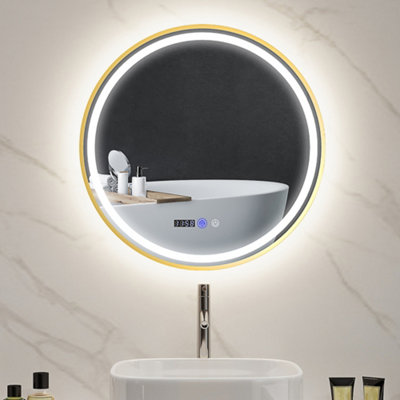 HOMCOM Illuminated Bathroom LED Mirror 60cm Round Wall Mounted Mirror Gold