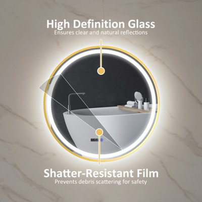 HOMCOM Illuminated Bathroom LED Mirror 60cm Round Wall Mounted Mirror Gold