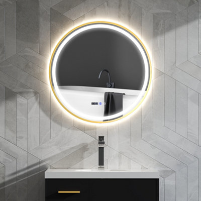 HOMCOM Illuminated Bathroom LED Mirror 80cm Round Wall Mounted Mirror Gold