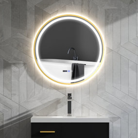 HOMCOM Illuminated Bathroom LED Mirror 80cm Round Wall Mounted Mirror Gold