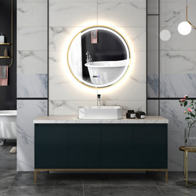 HOMCOM Illuminated Bathroom LED Mirror 80cm Round Wall Mounted Mirror Gold