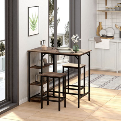 HOMCOM Industrial Bar Height Dining Table Set 3 Pieces Bar Set with Shelf