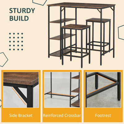 HOMCOM Industrial Bar Height Dining Table Set 3 Pieces Bar Set with Shelf