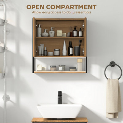 HOMCOM Industrial Bathroom Cabinet with 2 Mirrored Doors Open Shelf ...