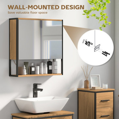 HOMCOM Industrial Bathroom Cabinet with 2 Mirrored Doors Open Shelf ...