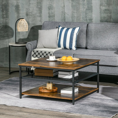 HOMCOM Industrial Coffee Table, Cocktail Table W/ Storage Shelves, Rustic Brown