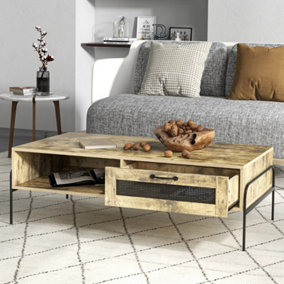 HOMCOM Industrial Coffee Table W/ Drawer and Open Storage Compartment Metal Legs