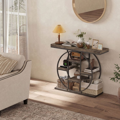 HOMCOM Industrial Console Table, Hallway Table with Storage Shelves