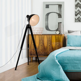 HOMCOM Industrial Floor Lamp for Living Room Tripod Spotlight Reading Lamp w/Wood Legs Metal Shade Adjustable Height Angle White