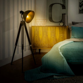 HOMCOM Industrial Floor Lamp Tripod Spotlight Reading Lamp w/Wood Legs Metal Shade Adjustable Height Angle Black and Gold