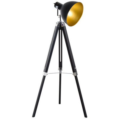 HOMCOM Industrial Floor Lamp Tripod Spotlight Reading Lamp w/Wood Legs Metal Shade Adjustable Height Angle Black and Gold