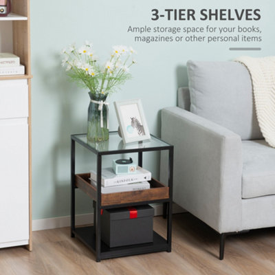 HOMCOM Industrial Side Table with 3-tier Storage Shelves Rustic Brown