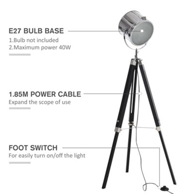 HOMCOM Industrial Style Adjustable Tripod Floor Lamp Searchlight