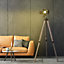 HOMCOM Industrial Style Adjustable Tripod Floor Lamp Vintage Spotlight Reading Lamp w/ Wood Metal Legs E27 Base, Natural