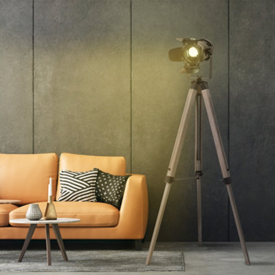 HOMCOM Industrial Style Adjustable Tripod Floor Lamp Vintage Spotlight Reading Lamp w/ Wood Metal Legs E27 Base, Natural