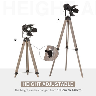 HOMCOM Industrial Style Adjustable Tripod Floor Lamp Vintage Spotlight Reading Lamp w/ Wood Metal Legs E27 Base, Natural