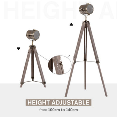 HOMCOM Industrial Tripod Floor Lamp, Nautical Searchlight with Adjustable Height, Wood Legs, E12 Lamp Base, Grey and Bronze