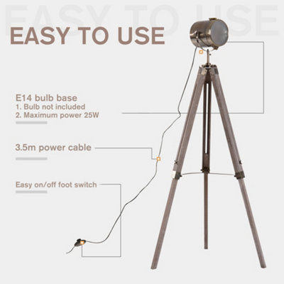 HOMCOM Industrial Tripod Floor Lamp Wood Height Adjustable Spotlight Bronze
