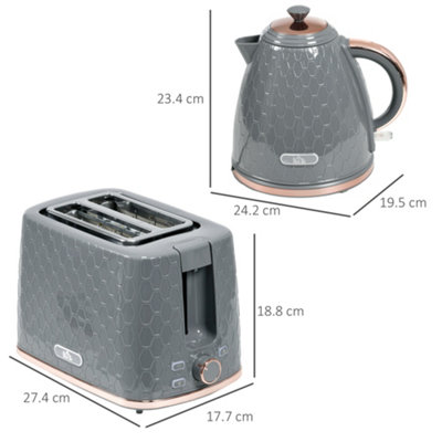HOMCOM Kettle and Toaster Set 1.7L Fast Boil Kettle & 2 Slice Toaster Set Grey