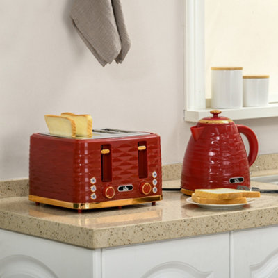 HOMCOM Kettle and Toaster Set 1.7L Rapid Boil Kettle & 4 Slice Toaster Red