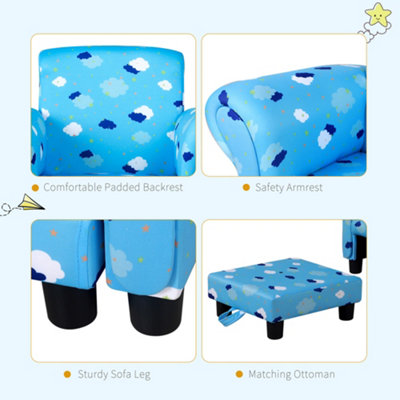 HOMCOM Kids Armchair Toddler Sofa Seat Set with Footrest Padding Couch Blue