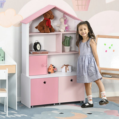 HOMCOM Kids Bookshelf Chest Drawer with Wheels Baby Toy Wood Organizer Pink