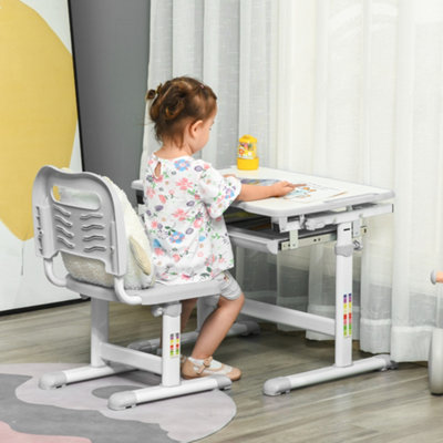 HOMCOM Kids Desk and Chair Set Adjustable Tiltable w/ Drawer, Pen Slot, Hook