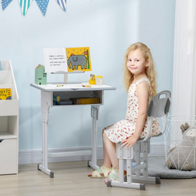 HOMCOM Kids Desk And Chair Set With Drawer & Book Stand - Pink, Adjustable Height