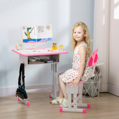 HOMCOM Kids Desk and Chair Set w/ Drawer, Book Stand, Pen Slot, Pink