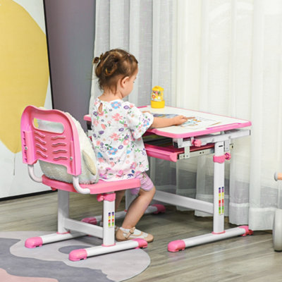 HOMCOM Kids Desk and Chair Set w Drawer Pen Slot Hook Pink