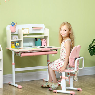 HOMCOM Kids Desk and Chair Set with Storage Shelves, Washable Cover - Pink
