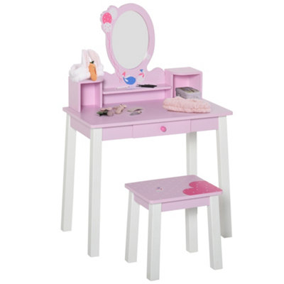 HOMCOM Kids Dressing Table and Stool Set Make Up Desk with Storage (Pink)