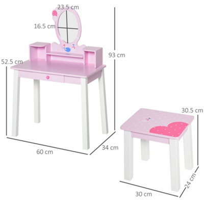 HOMCOM Kids Dressing Table and Stool Set Make Up Desk with Storage (Pink)