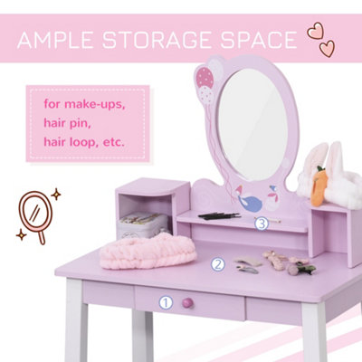 HOMCOM Kids Dressing Table and Stool Set Make Up Desk with Storage (Pink)