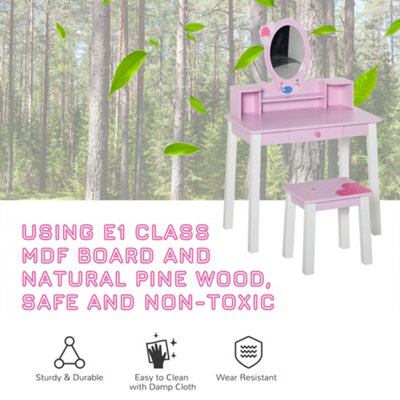HOMCOM Kids Dressing Table and Stool Set Make Up Desk with Storage (Pink)