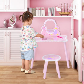 HOMCOM Kids Dressing Table Girls Pink Wooden Make Up Desk Chair Toys Fairy Dresser Play Set with Mirror