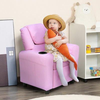 HOMCOM Kids Recliner Chair w/ Cup Holder, PU Leather Children Lounger, Pink