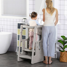 HOMCOM Kids Step Stool, Adjustable Standing Platform, Toddler Kitchen Stool- Grey