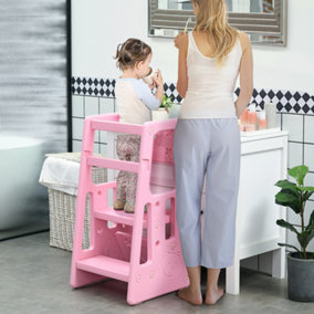 HOMCOM Kids Step Stool, Adjustable Standing Platform, Toddler Kitchen Stool- Pink